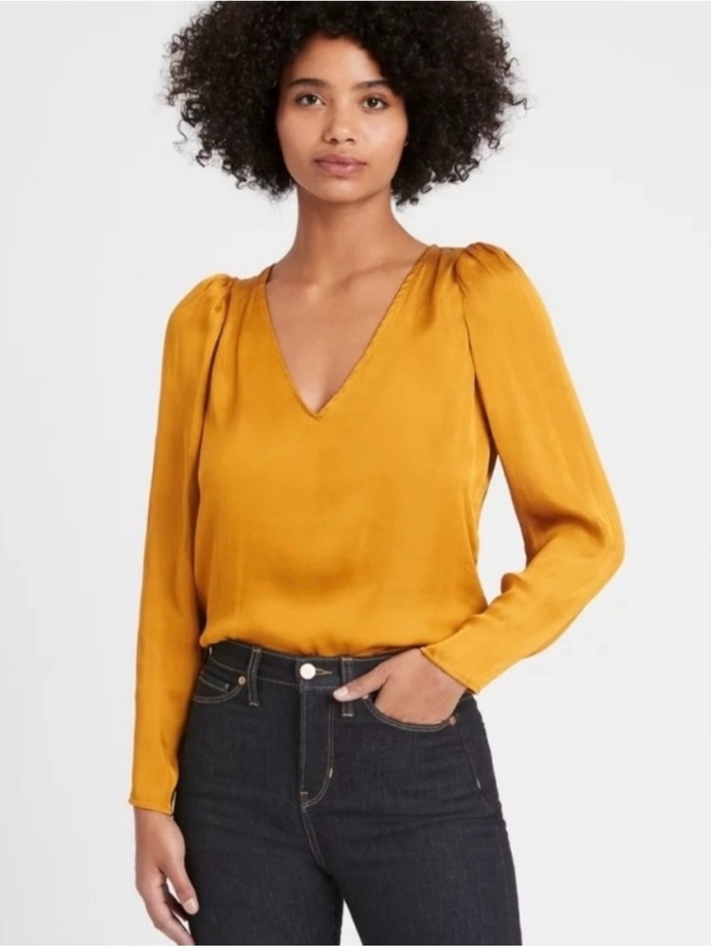BANANA REPUBLIC - Mustard Yellow V-Neck Long Sleeve Blouse